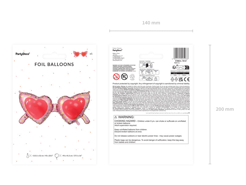 Foil balloon Heart glasses, 115,5x52 cm, mix