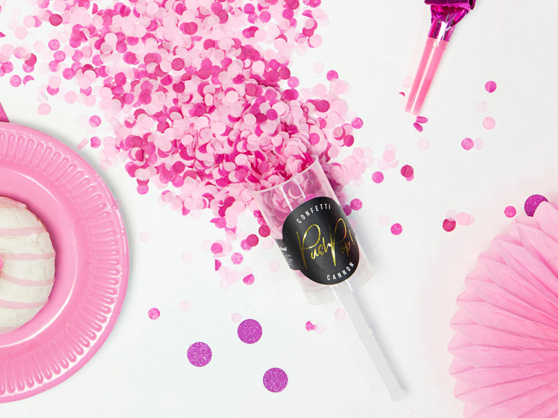 Confetti push pop, mix of colours light pink and dark pink