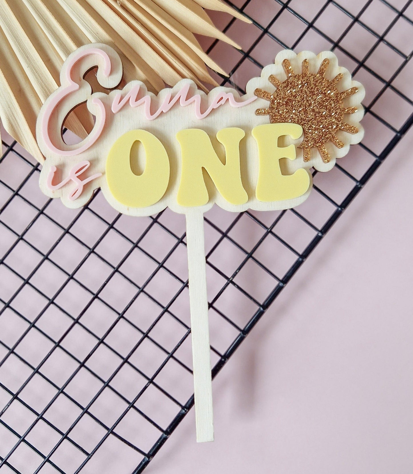 Personalised Double Layer Wood & Acrylic Cake Topper Charm Set - 'Groovy Sun'