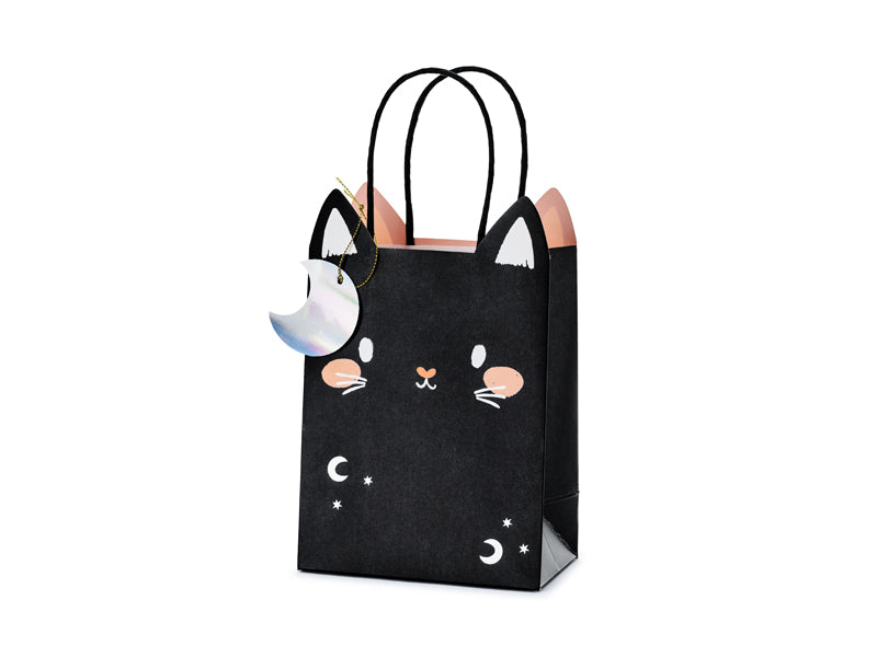 Black Cat Gift Bag with Colorful Print and Moon-Shaped Tag Image