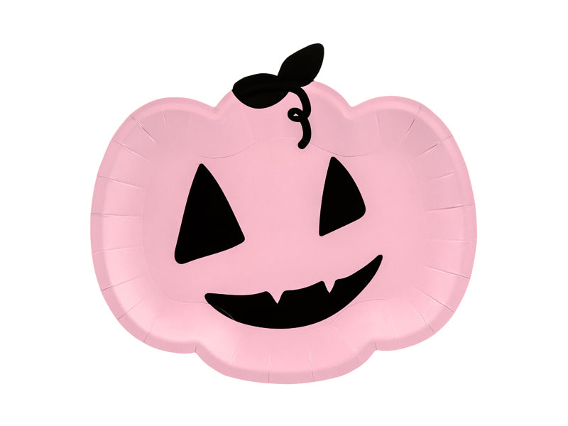 Pink Pumpkin Paper Plates with Black Print Image