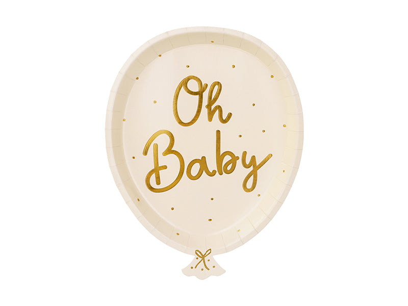 Balloon Shaped Paper Plates with 'Oh Baby' Inscription 17.5x22cm Image