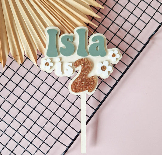 Personalised Double Layer Wood & Acrylic Cake Topper Charm Set - 'Flower Power'